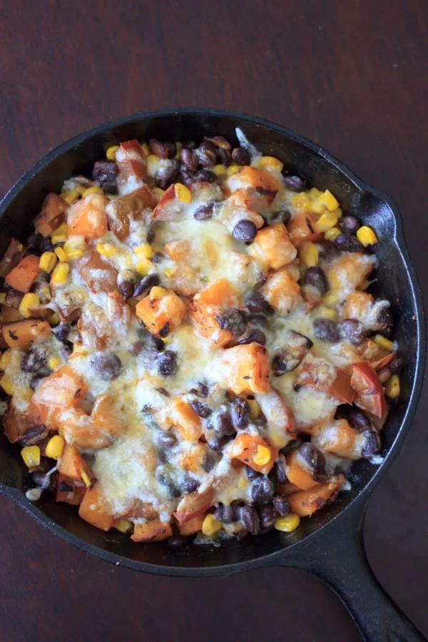 Butternut Squash and Veggie Bake in skillet baked with cheese