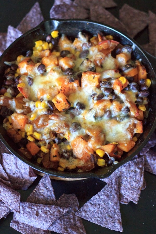 butternut squash veggie skillet with tortilla chips surrounding