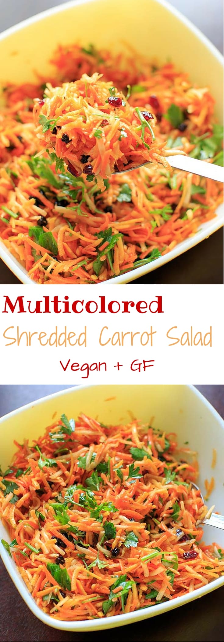 Multicolored Shredded Carrot Salad with dried cranberries, dried blueberries and parsley. A beautiful and healthy side dish that is vegan and gluten free.