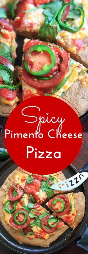 Spicy Pimento Cheese Pizza. If you like spicy, you'll like this pizza! Homemade jalapeno pimento cheese and extra jalapeno + hot sauce toppings make this a spicy food lovers dream.
