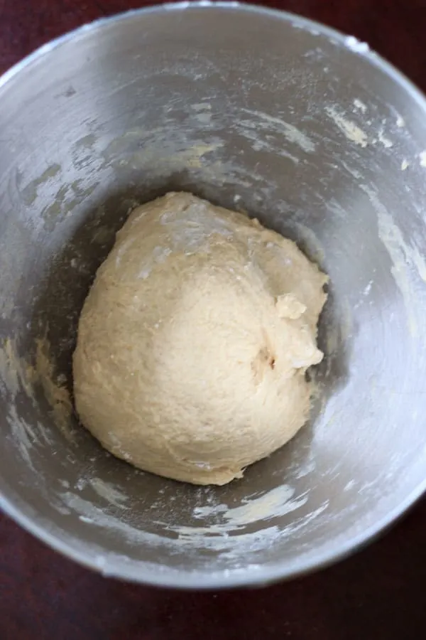 vegan pizza dough mixed together in bowl before rise