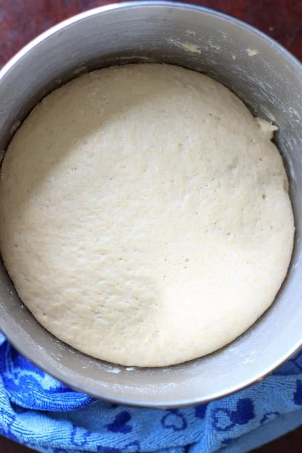 homemade pizza dough in mixing bowl after rising