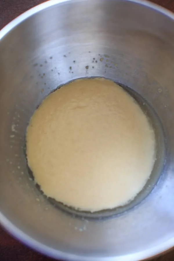 proofing the yeast for easy homemade pizza dough in mixing bowl