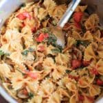 One Pot Spinach and Mushroom Bowtie Pasta. Vegan meal ready in less than 30 minutes!