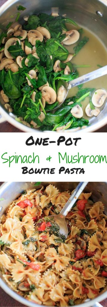 One Pot Spinach and Mushroom Bowtie Pasta. Vegan meal ready in less than 30 minutes!