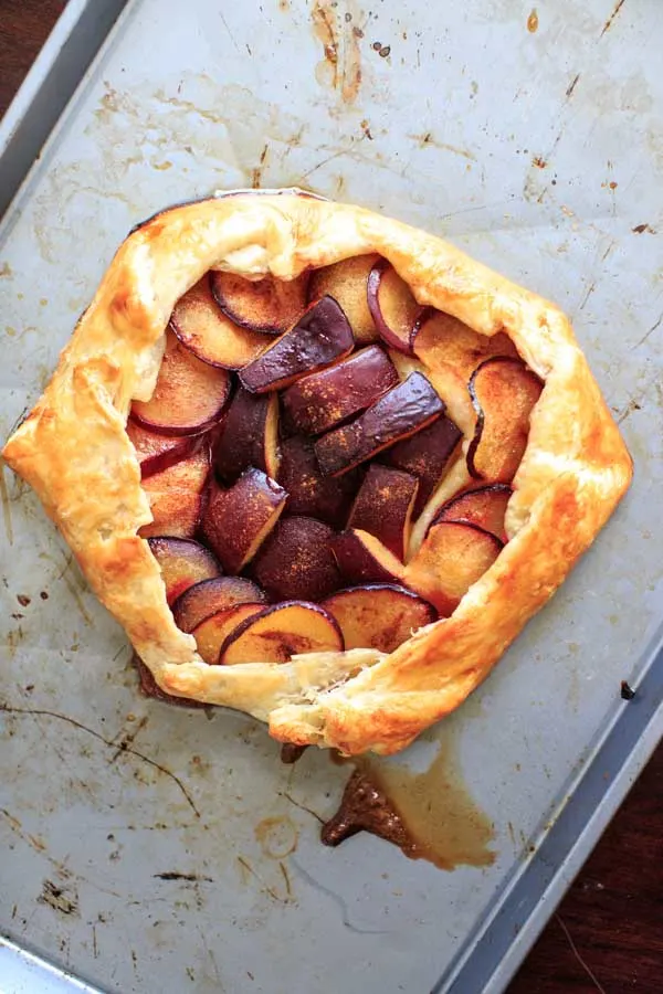 Puff Pastry Plum Galette after baking on baking sheet