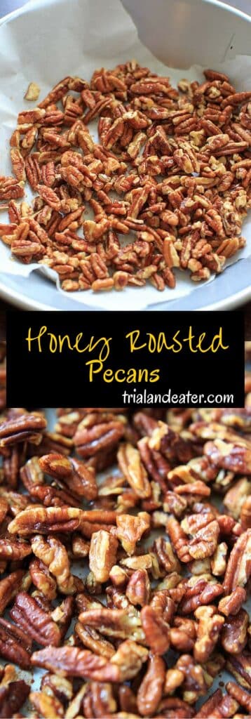 Honey Roasted Pecans - easy recipe with just those two ingredients! Snack ready in under 30 minutes including cooling time.