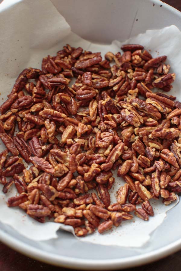Honey Roasted Pecans - easy recipe with just those two ingredients! Snack ready in under 30 minutes including cooling time.