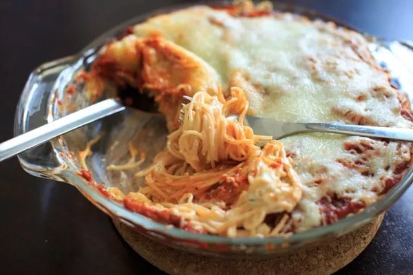 Meatless Million Dollar Spaghetti with mozzarella cheese