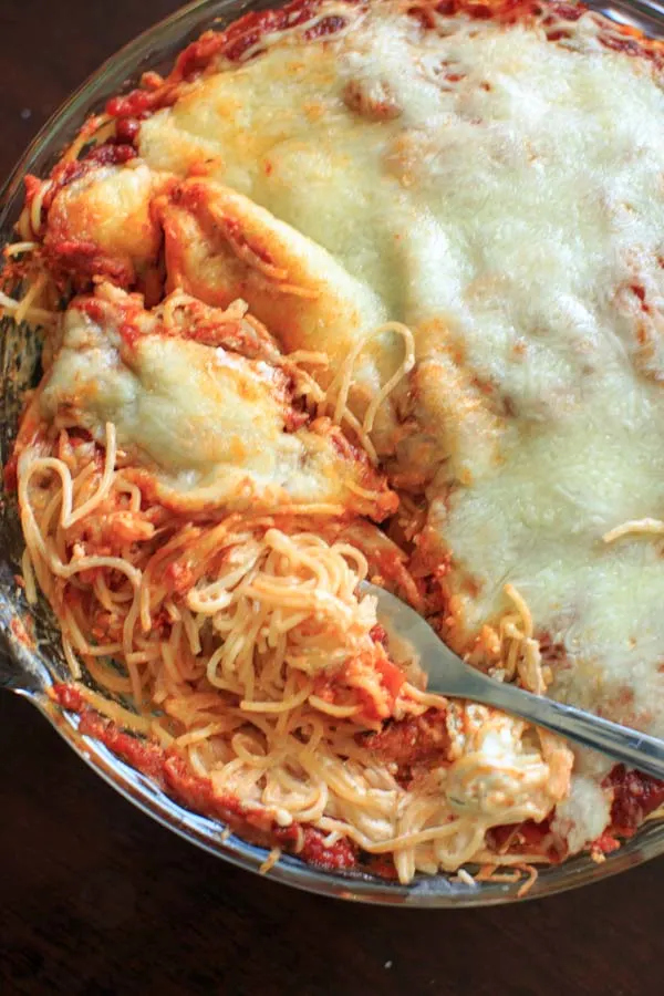 Vegetarian Million Dollar Spaghetti - Pasta casserole with a cream cheese layer that will feed a crowd.