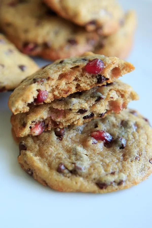 Chocolate Chip Cookies with Pomegranate Seeds. Sweet from cinnamon and vanilla, and slightly tangy from the seeds, these cookies are addicting!