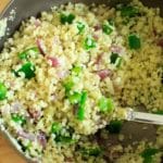 Riced cauliflower with green peppers and spices. This low-carb, healthy side dish is completely customizable and will be ready in 15 minutes!