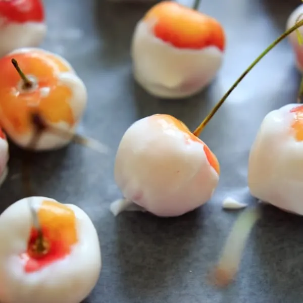 close up of yogurt dipped cherry