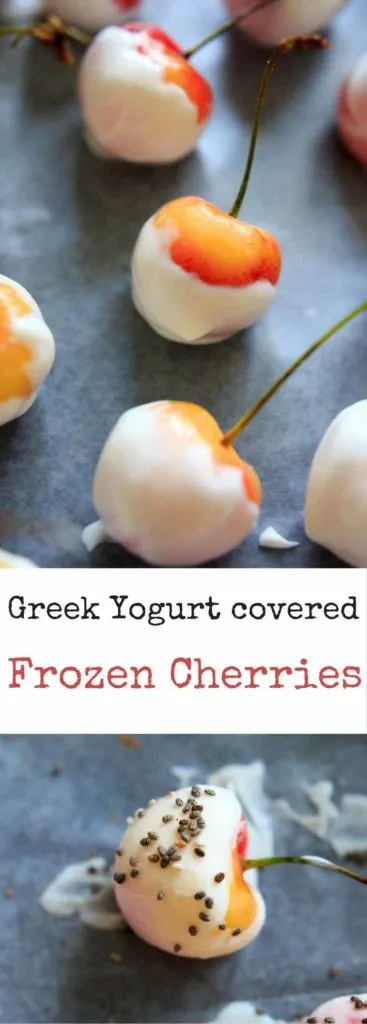 Greek Yogurt Covered Cherries are a refreshing and healthy frozen treat. You can get creative with toppings to make them extra festive!