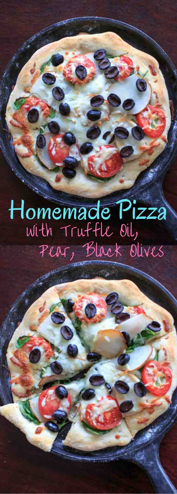 Homemade Pizza with Truffle Oil, Pear and Black Olives