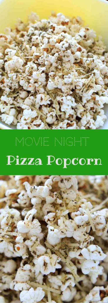 Pizza popcorn is a perfect snack for movie night that's still pretty healthy and full of flavor with dried herbs and parmesan cheese.