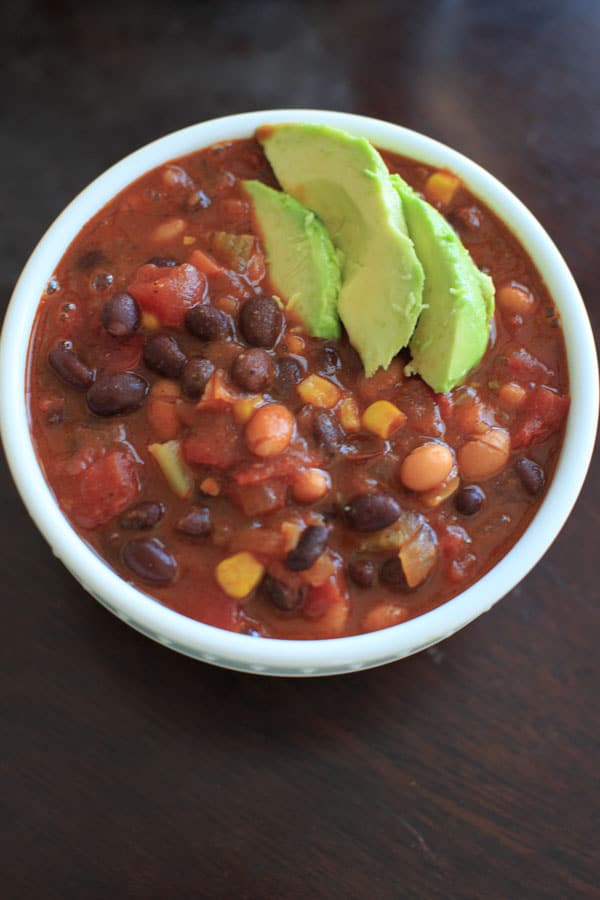 Vegetarian chili that's also vegan friendly and gluten-free. This one pot meal can be ready in 30 minutes and is deliciously flavored with @McCormickSpice Organics Chili Seasoning. #McCormickDinners