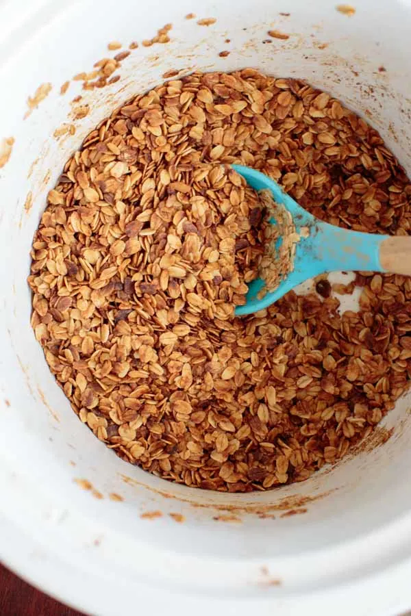 CrockPot Granola with Coconut Oil. An easier way to make this healthy gluten-free snack in a slow cooker instead of the oven.