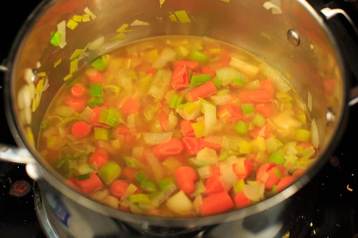 cut up carrots leeks and broth in pot on stove