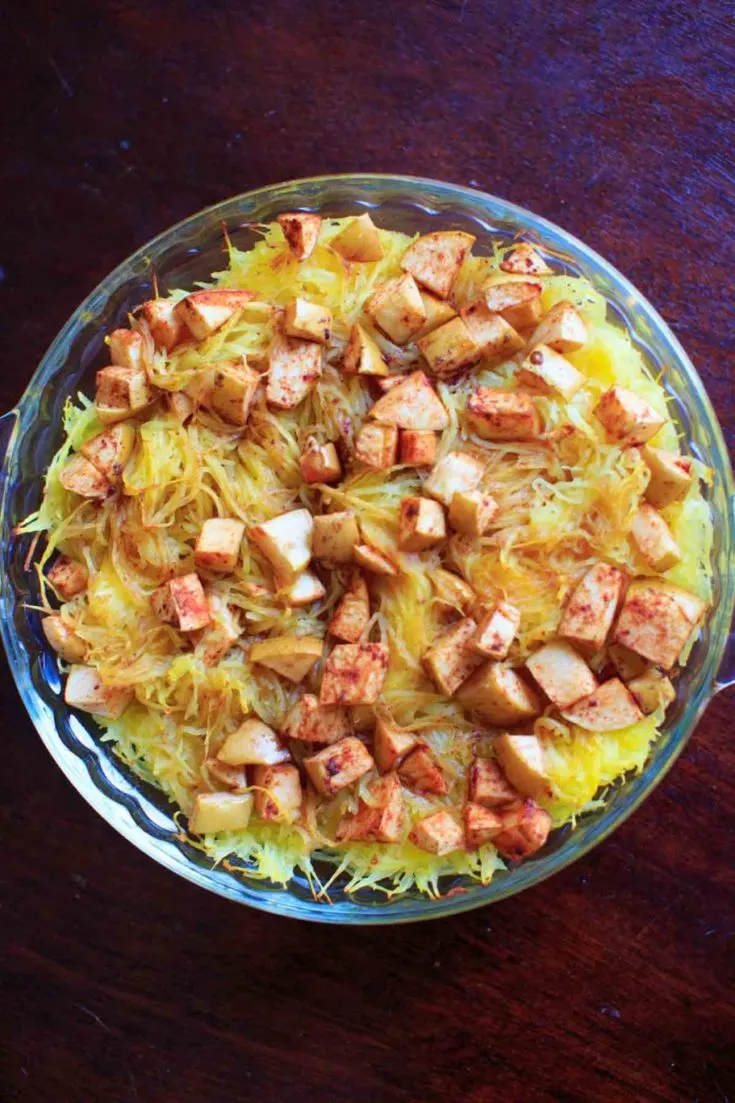 Maple Apple Spaghetti Squash Bake - a vegan friendly, gluten free veggie side dish that is great for family dinners and holidays.