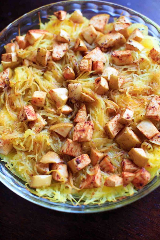 Maple Apple Spaghetti Squash Bake - a vegan friendly, gluten free veggie side dish that is great for family dinners and holidays.