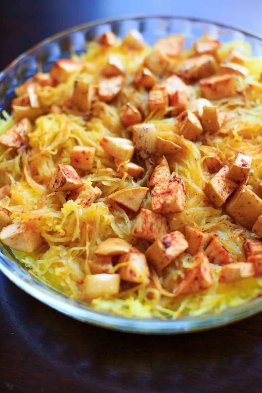 Maple Apple Spaghetti Squash Bake - a vegan friendly, gluten free veggie side dish that is great for family dinners and holidays.