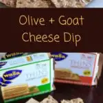 Olive goat cheese dip is a quick and simple appetizer that can be prepared ahead or on the spot. Sure to be a crowd pleaser!