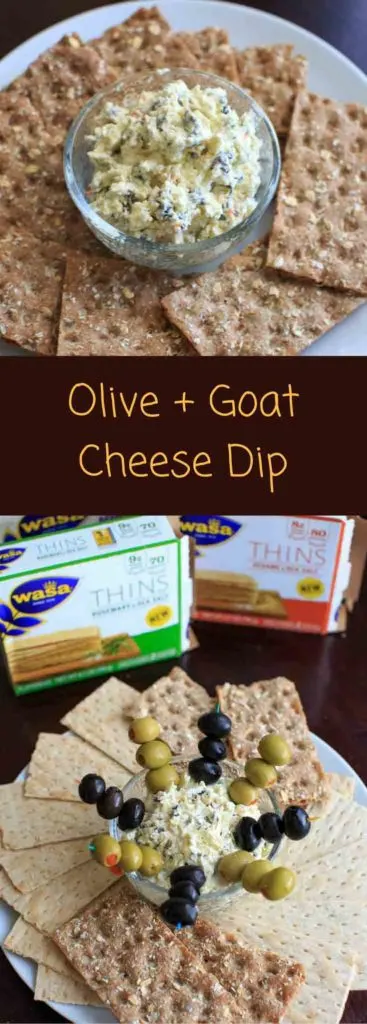 Olive goat cheese dip is a quick and simple appetizer that can be prepared ahead or on the spot. Sure to be a crowd pleaser!