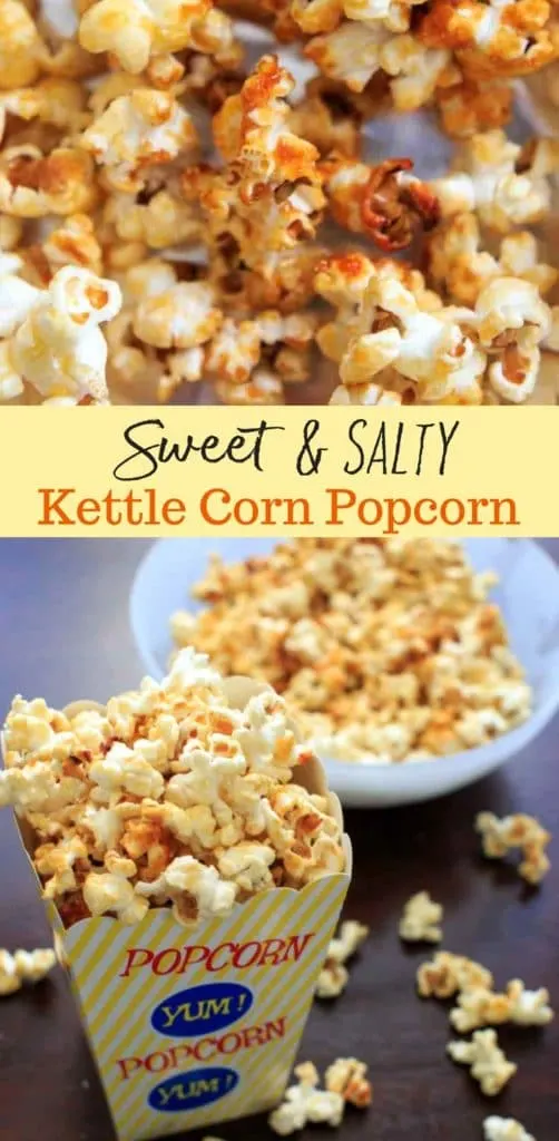 Sweet and salty kettle corn popcorn. A highly addictive, easy to make snack that takes 5 minutes on the stove top with only 4 ingredients!
