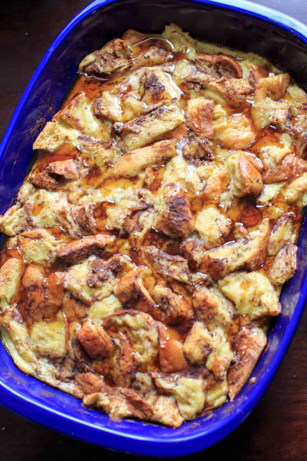 Overnight French Toast Casserole in blue baking dish