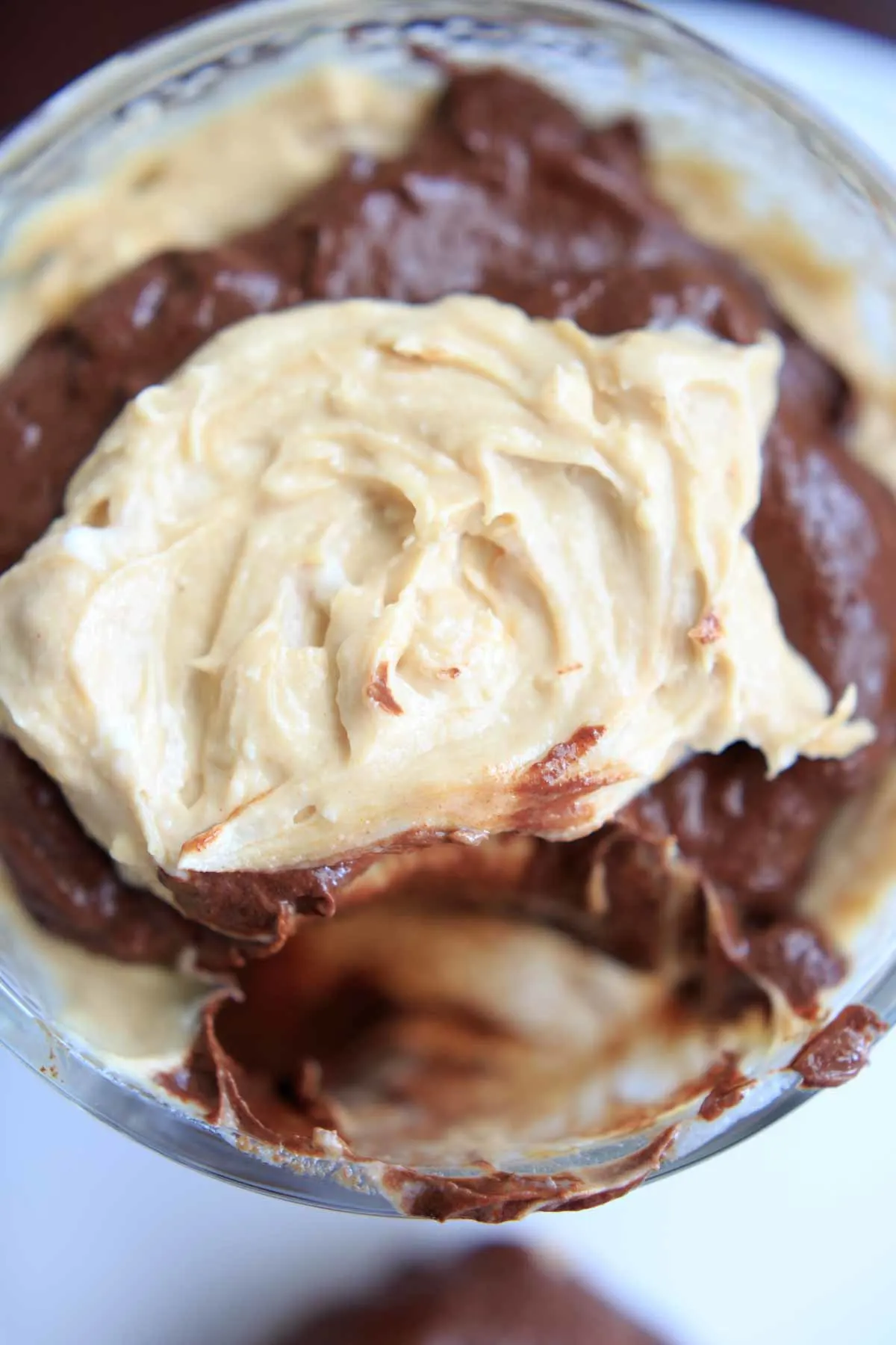 Vegan Chocolate Peanut Butter Mousse close up. 