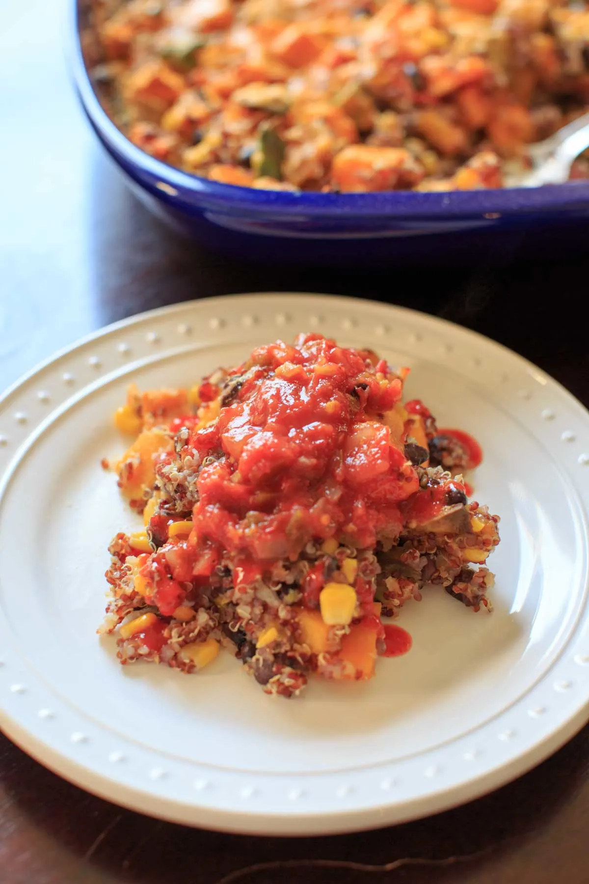 a portion of butternut squash quinoa casserole on white plate topped with enchilada sauce