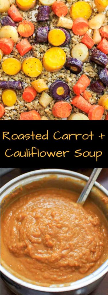 Roasted Carrot and Cauliflower Soup. Healthy, gluten-free, and leave off the optional parmesan to keep it vegan. 5 main ingredients.