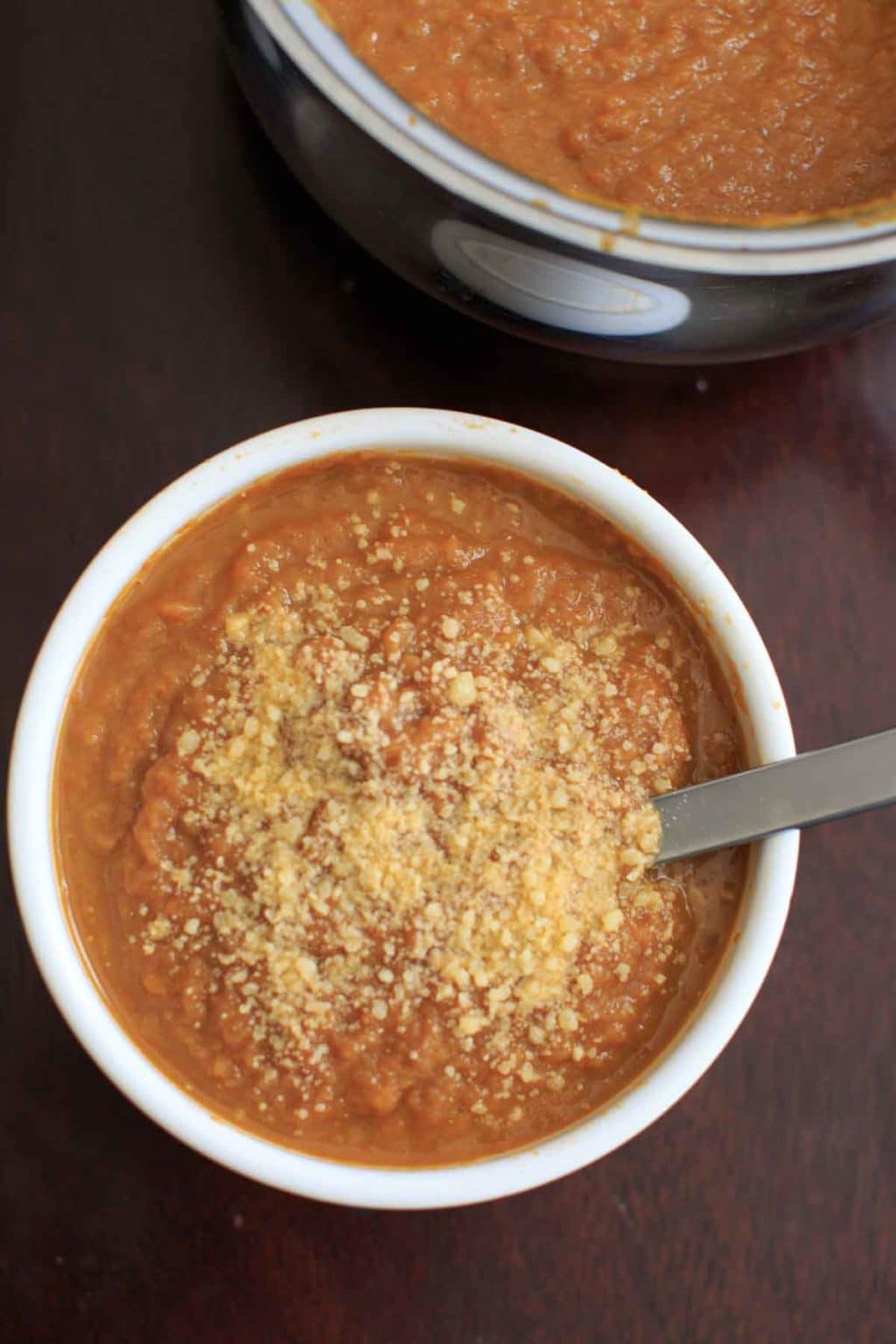 Roasted Carrot and Cauliflower Soup. Healthy, gluten-free, and leave off the optional parmesan to keep it vegan. 5 main ingredients.