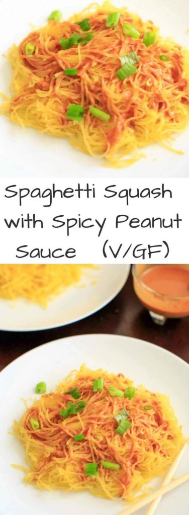 Spaghetti squash noodles with spicy peanut sauce make a delicious, gluten-free and vegan dinner that's easy to prepare!