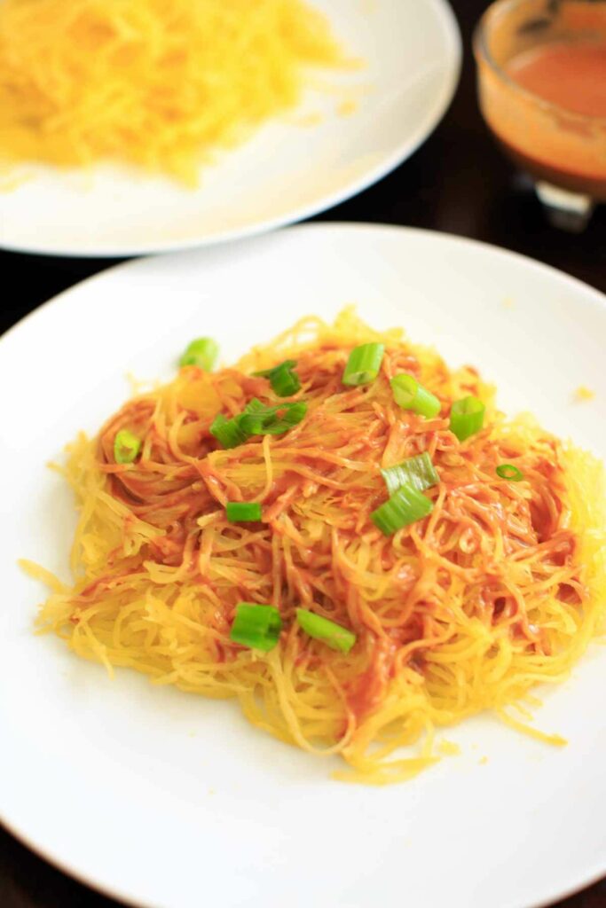 Spaghetti Squash Noodles with Spicy Peanut Sauce Vegan, Glutenfree