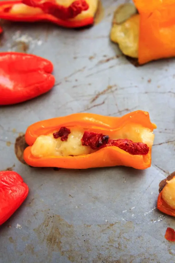 Mini Sweet Pepper Bites with Brie and Sun Dried Tomatoes. A quick vegetarian appetizer or finger food with only 3 ingredients.