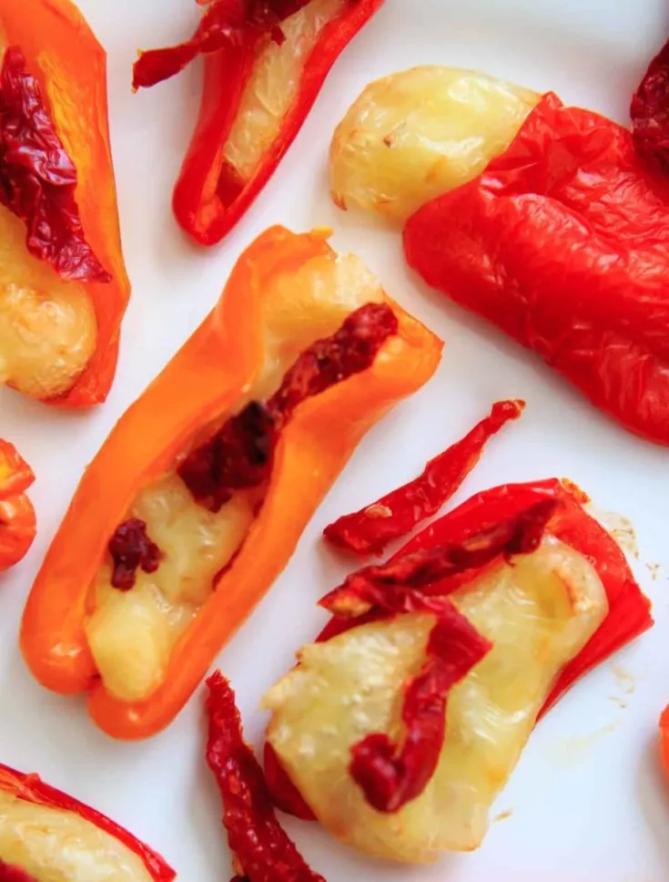 Mini Sweet Pepper Bites with Brie and Sun Dried Tomatoes. A quick vegetarian appetizer or finger food with only 3 ingredients.