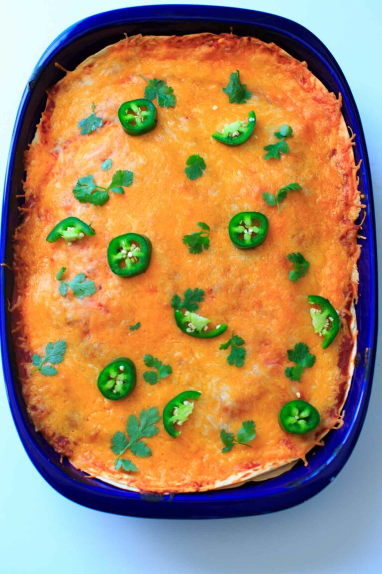 Vegetarian Black Bean Enchilada Casserole with Roasted Corn