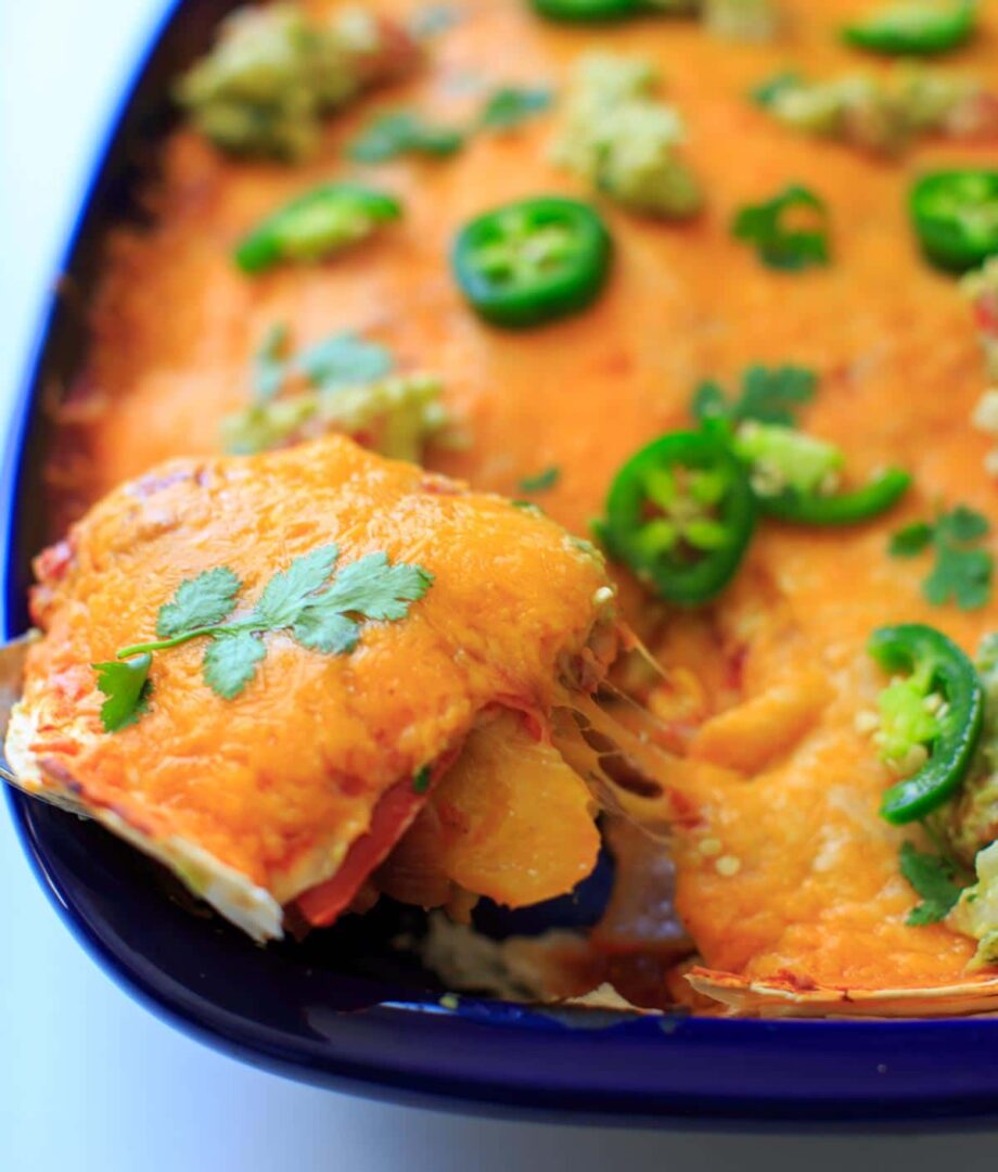 Vegetarian Black Bean Enchilada Casserole with Roasted Corn