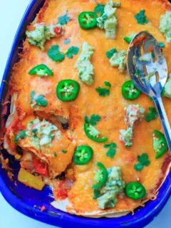 Black Bean Enchilada Casserole with Roasted Corn and Bell Peppers. Vegetarian dinner full of veggies and homemade goodness.