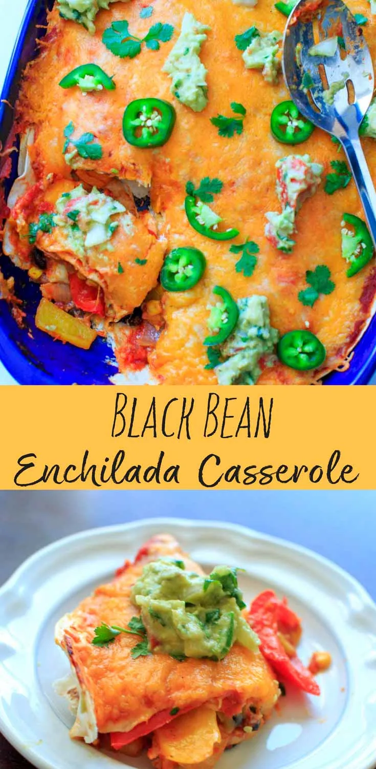 Black Bean Enchilada Casserole with Roasted Corn and Bell Peppers. Vegetarian dinner full of veggies and homemade goodness.