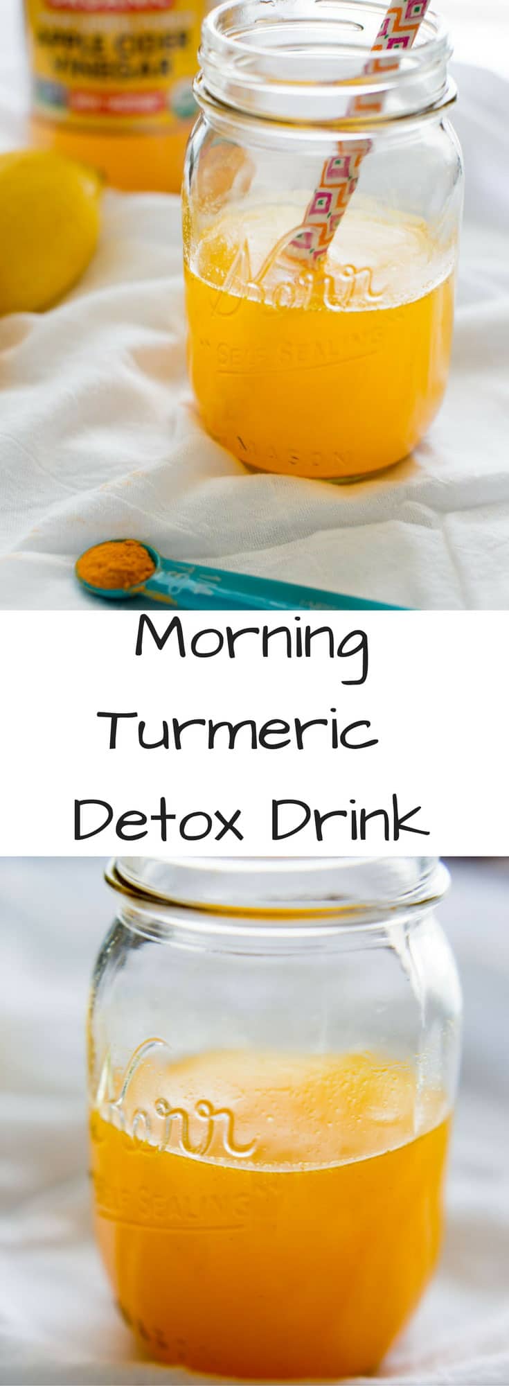 Morning Turmeric Detox Drink with apple cider vinegar, maple syrup and a pinch of cayenne. Lots of health benefits in this elixir to kickstart your day!