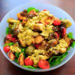 Roasted Vegetable Spinach Salad with Avocado Dressing, a.k.a. "Leftover Veggie Salad." Use up your vegetables or roast your favorites for this healthy vegan meal!