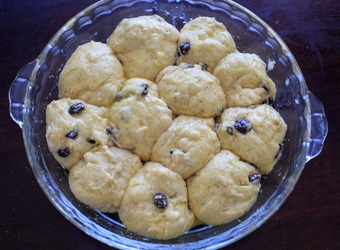 Hot cross buns with dark chocolate after egg and nutmeg glaze, before baking.