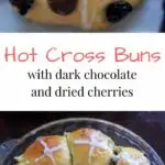 Hot Cross Buns with the options for added dark chocolate pieces and raisins and/or dried cherries. Traditionally served on Good Friday, these s spiced rolls will be a hit at your holiday gathering!