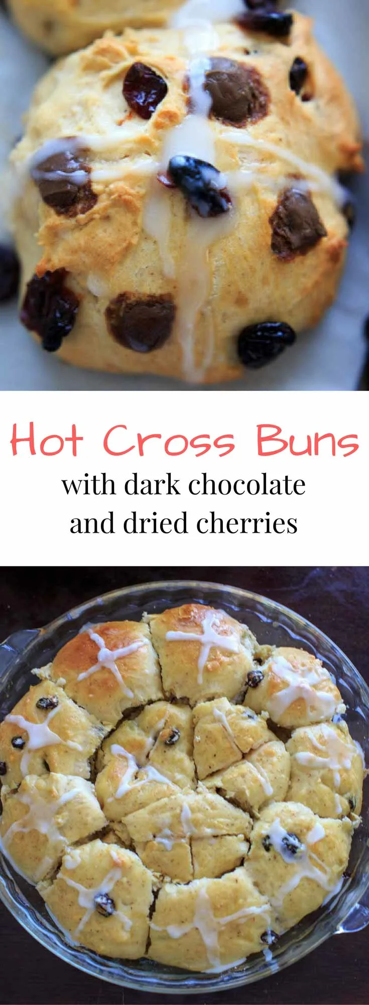 Hot Cross Buns with added dark chocolate pieces, dried cherries, and/or raisins. Traditionally eaten on Good Friday before Easter, these spiced sweet rolls will be a holiday hit.