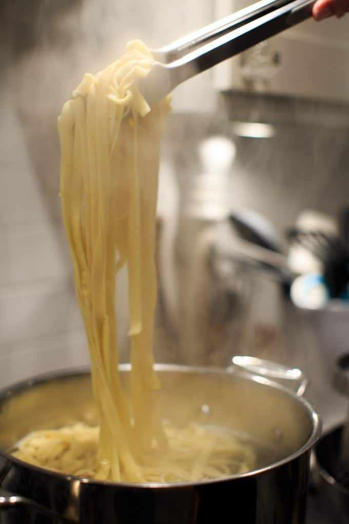 Dinner Party: How to make your own pasta from scratch. Cooked noodles.