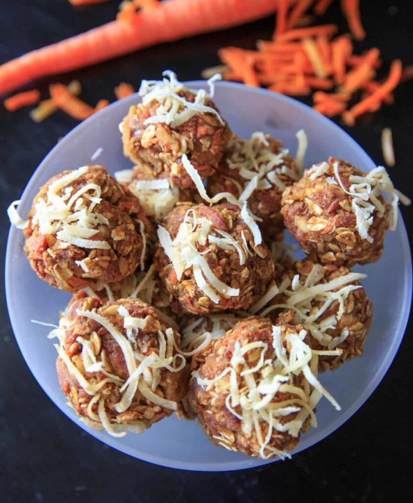 Vegan and gluten-free no-bake carrot cake energy bites. Quick easy snack that's healthy but tastes like dessert!