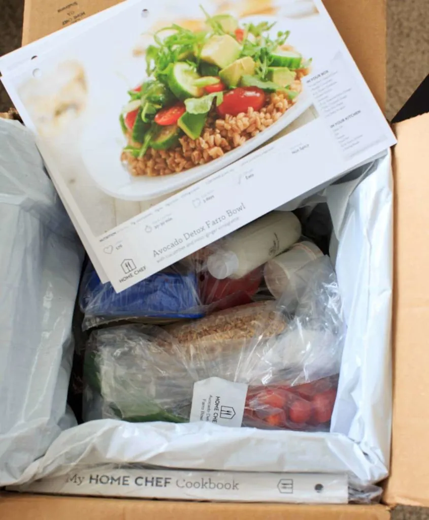 Home Chef Unpaid Review- picture of the delivery box of ingredients and recipes